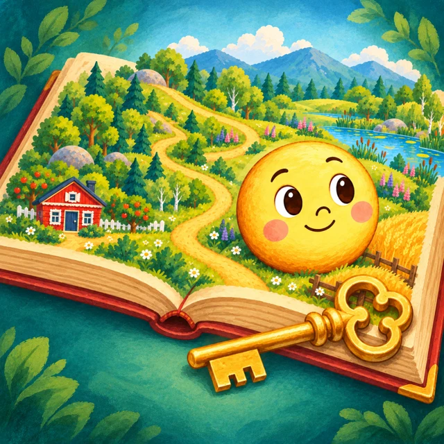 An open storybook with Kolobok, an illustrated world and a golden key