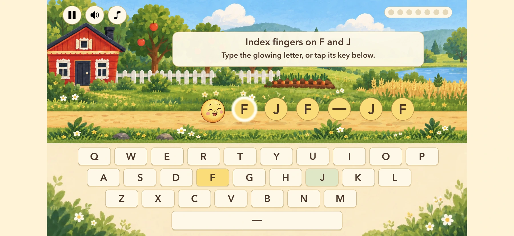 Fairytyping on iPhone: a smiling Kolobok, glowing letters and a flower-framed keyboard