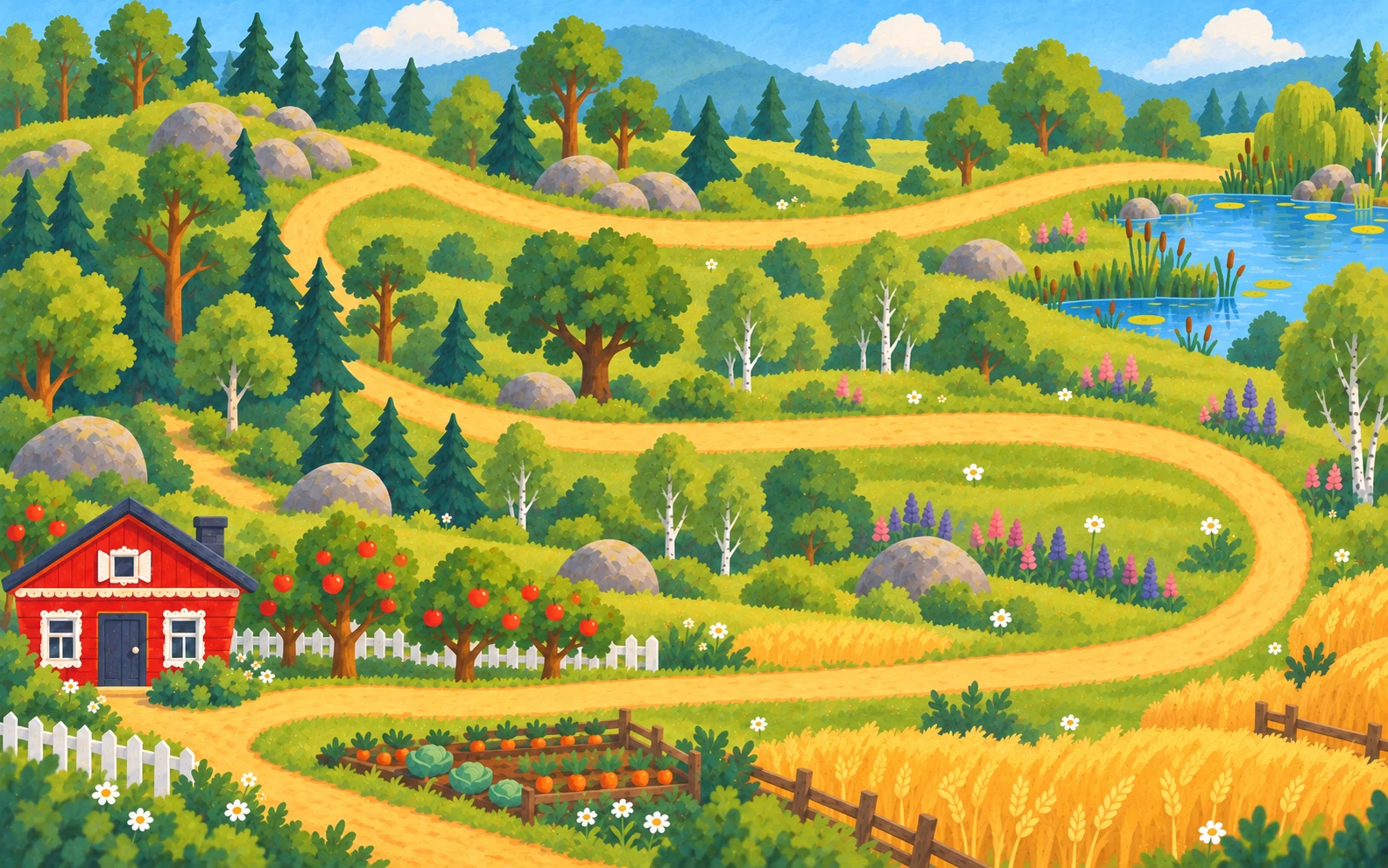 The illustrated adventure map, winding from a red cottage through wheat fields, forests and a lily pond