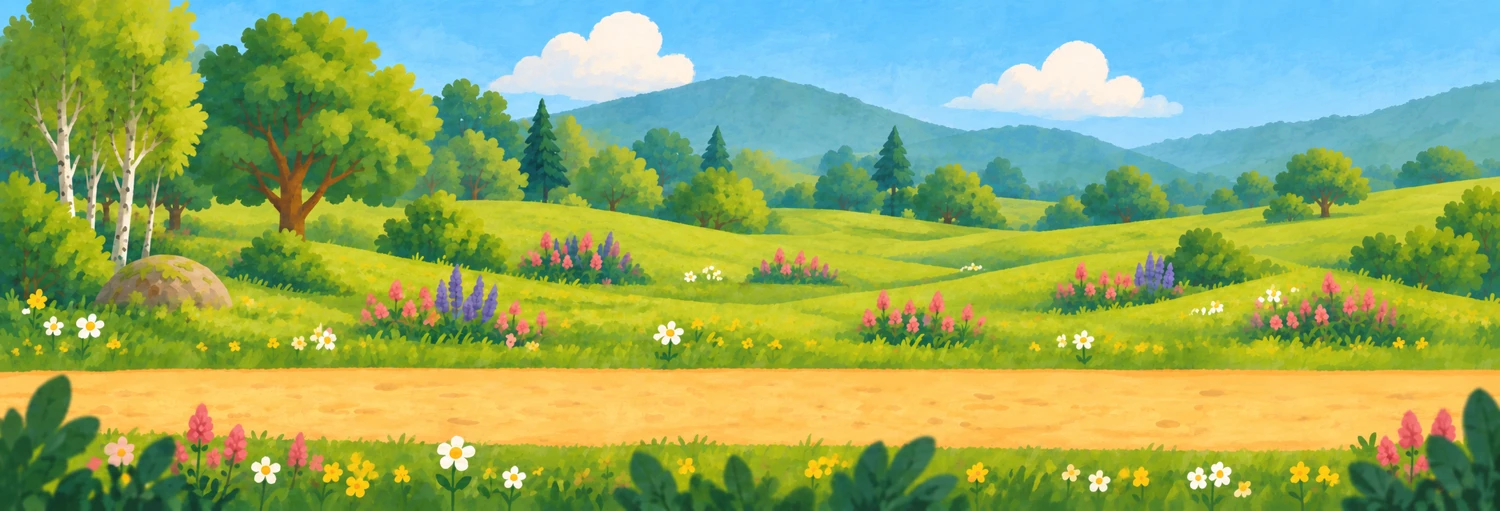A sunlit meadow painted in soft greens and golds