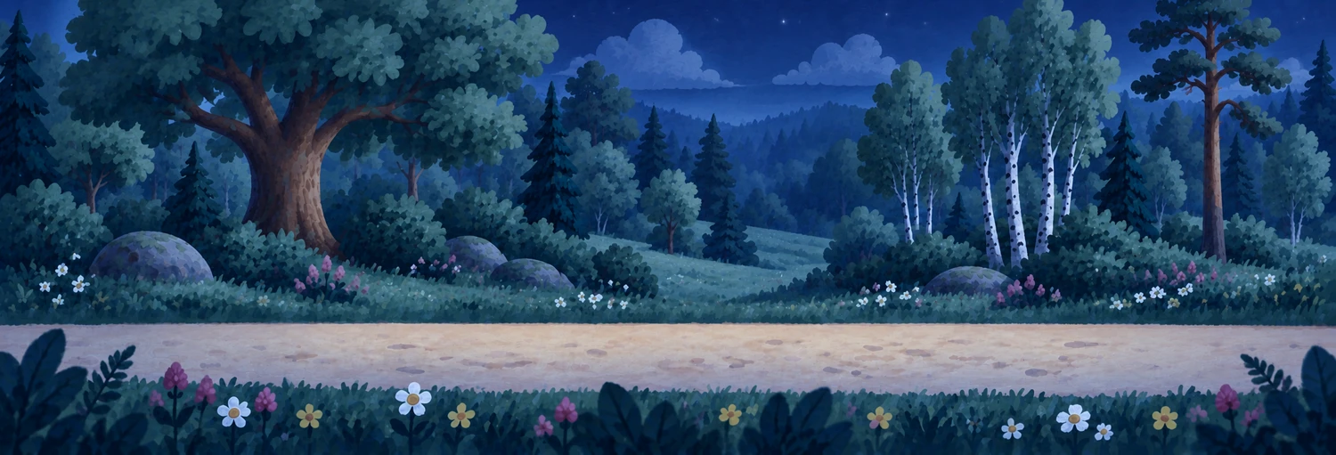 A blue moonlit forest with a quiet path