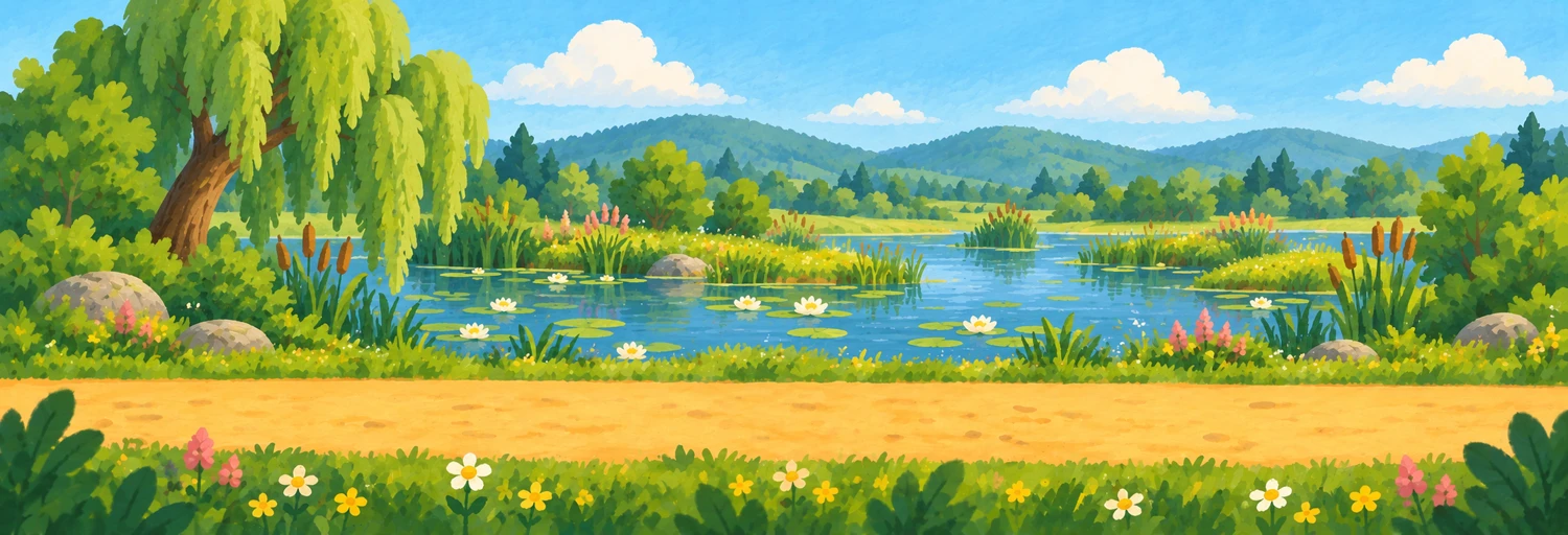 Willow trees, water lilies and flowers beside a pond