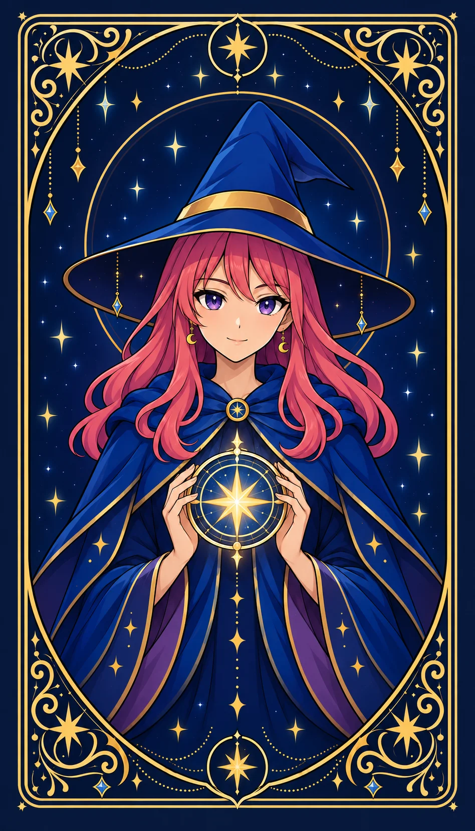 Illustration of a young witch holding a golden star, surrounded by a starlit sky
